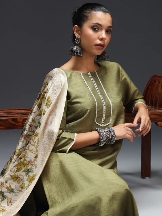 Picture of Elegant Cotton Silk Blend Olive Readymade Suits