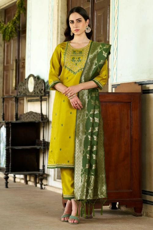 Picture of Superb Viscose Rayon Yellow Readymade Suits