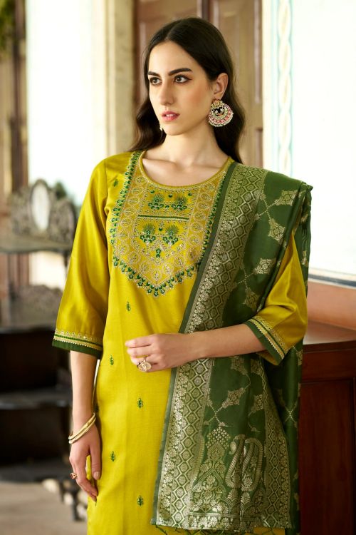 Picture of Superb Viscose Rayon Yellow Readymade Suits