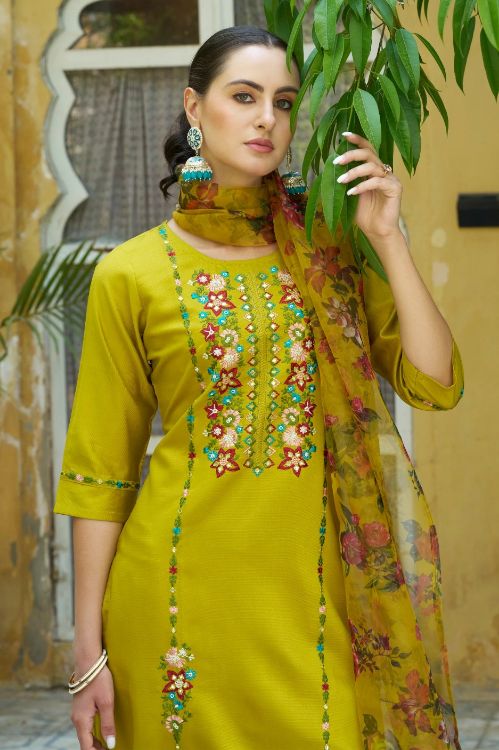 Picture of Marvelous Viscose Rayon Yellow Readymade Suits
