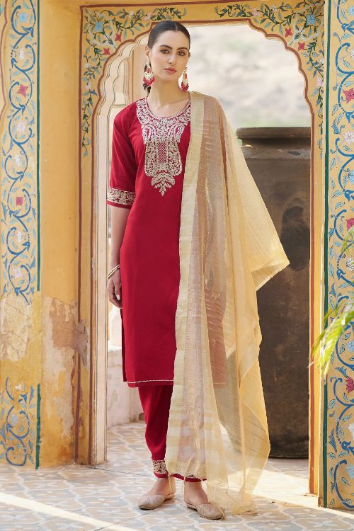 Picture of Exquisite Viscose Rayon Red Readymade Suits