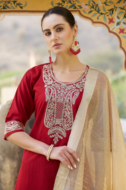 Picture of Exquisite Viscose Rayon Red Readymade Suits