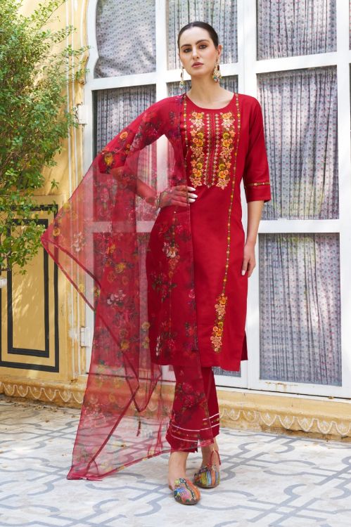 Picture of Beautiful Viscose Rayon Red Readymade Suits