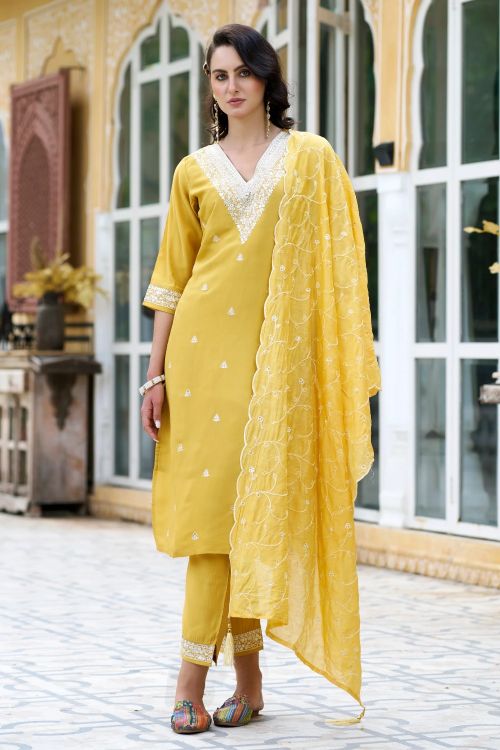 Picture of Designer Function Wear Yellow Readymade Suit