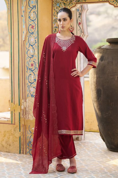Picture of Designer Function Wear Viscose Rayon Maroon Readymade Suit
