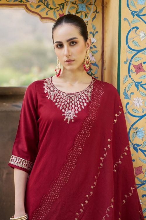 Picture of Designer Function Wear Viscose Rayon Maroon Readymade Suit