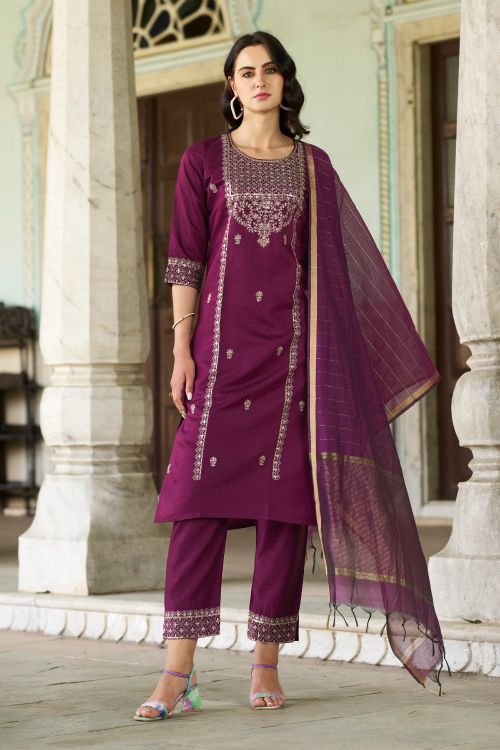 Picture of Good Looking Viscose Rayon Purple Readymade Suits