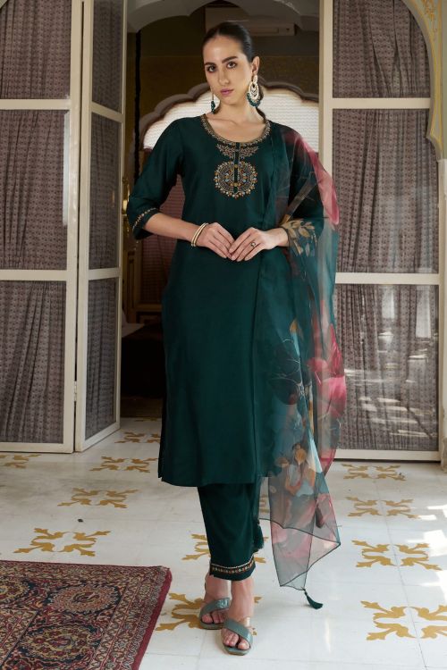 Picture of Resplendent Cotton Silk Green Readymade Suits