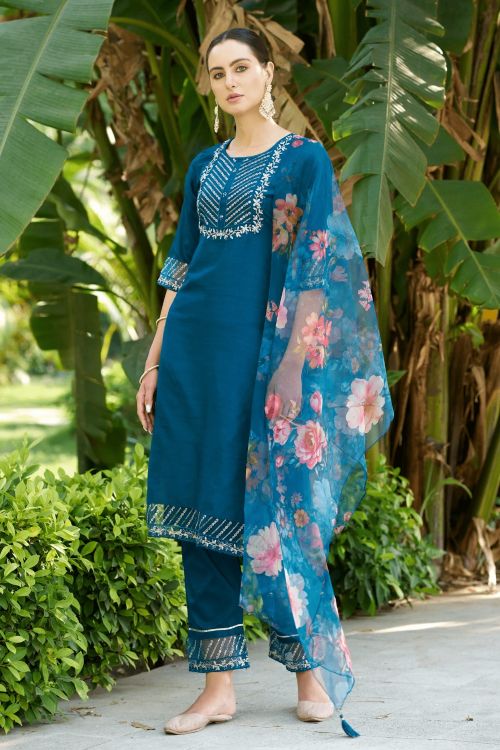 Picture of Marvelous Cotton Silk Steel Blue Readymade Suits
