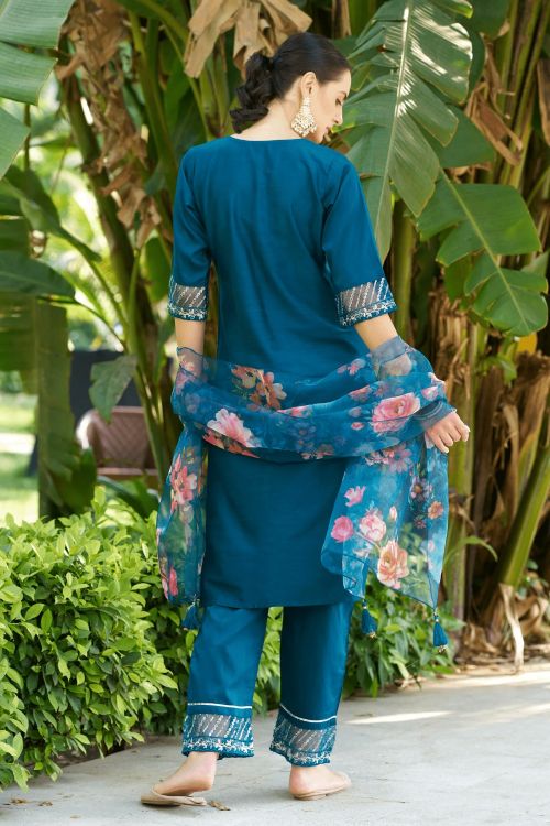 Picture of Marvelous Cotton Silk Steel Blue Readymade Suits