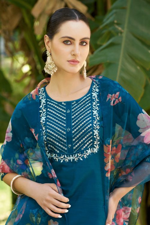 Picture of Marvelous Cotton Silk Steel Blue Readymade Suits