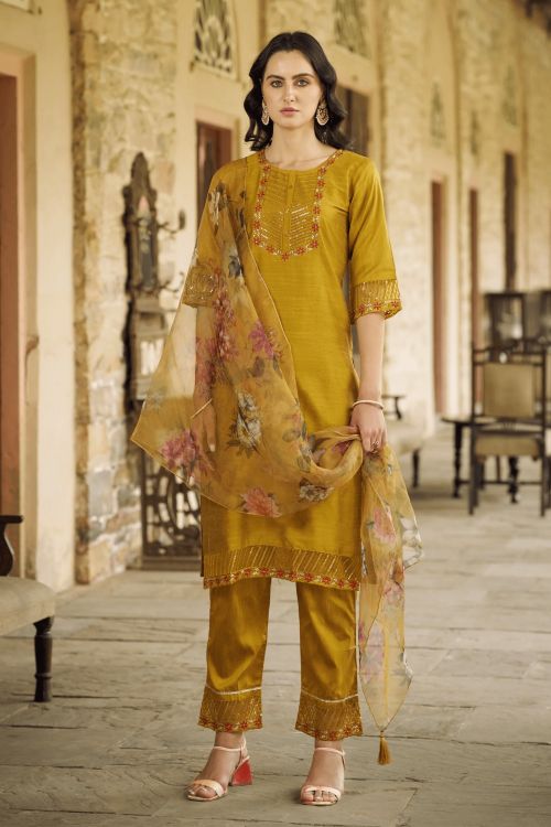 Picture of Beauteous Cotton Silk Yellow Readymade Suits
