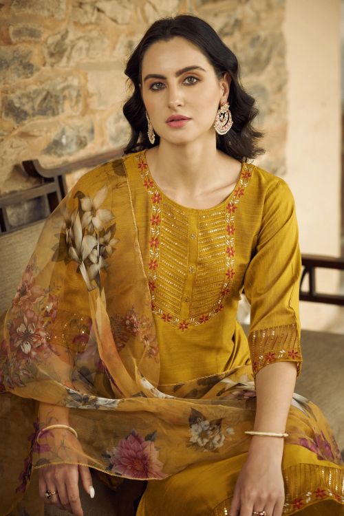 Picture of Beauteous Cotton Silk Yellow Readymade Suits