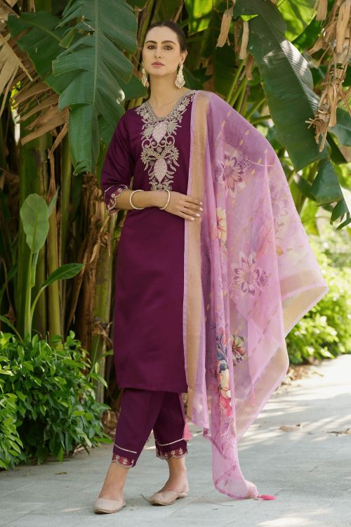 Picture of Bewitching Viscos Roman Silk Purple Readymade Suit