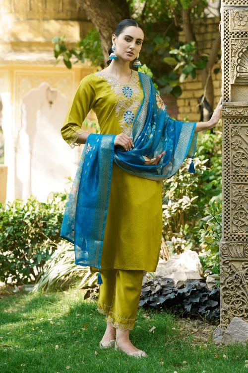 Picture of Lovely Viscos Roman Silk Yellow Readymade Suits
