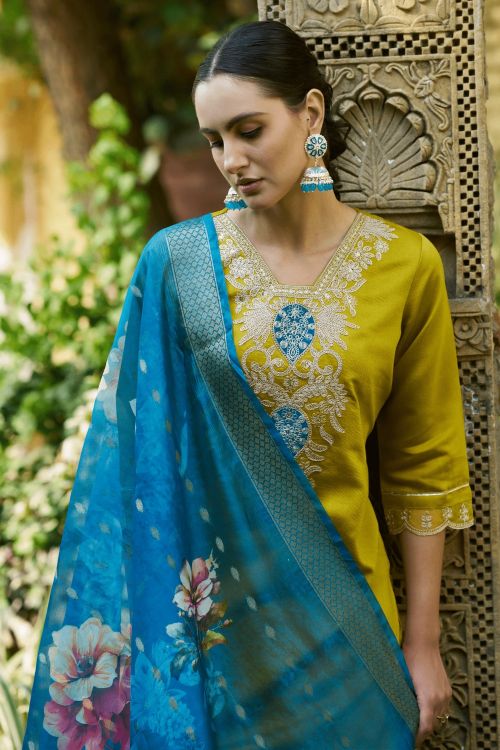 Picture of Lovely Viscos Roman Silk Yellow Readymade Suits