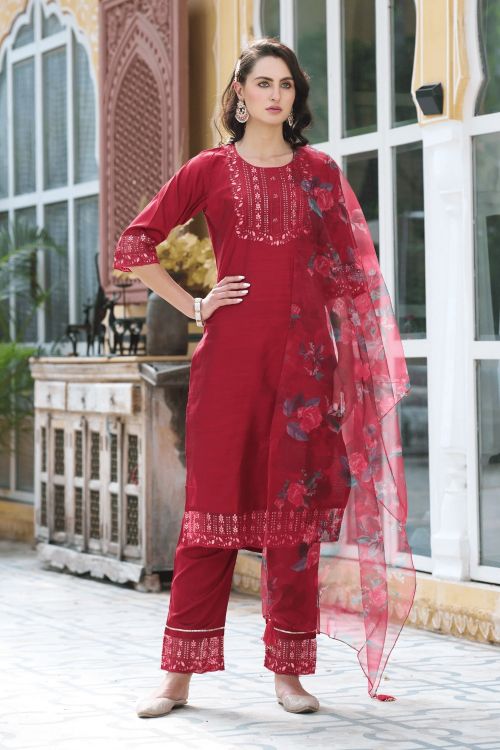 Picture of Ideal Cotton Silk Deep Pink Readymade Suits