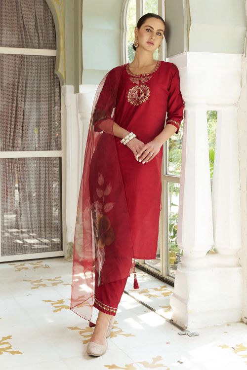 Picture of Amazing Cotton Silk Maroon Readymade Suits