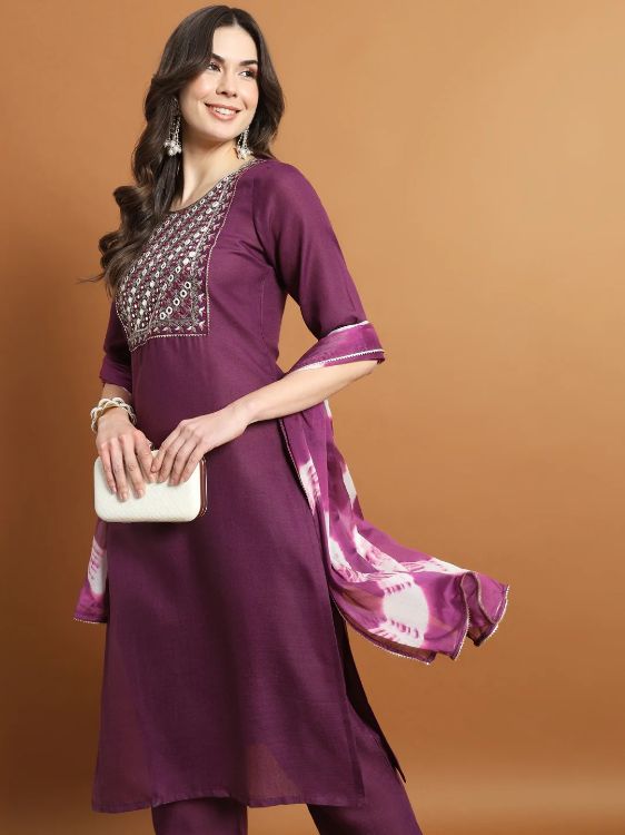 Picture of Fine Cotton Blend Purple Readymade Salwar Suits