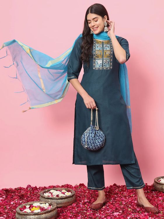 Picture of Gorgeous Cotton Blend Steel Blue Readymade Salwar Suits