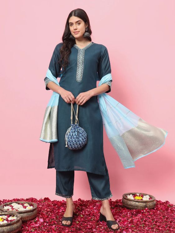 Picture of Marvelous Cotton Blend Steel Blue Readymade Salwar Suits