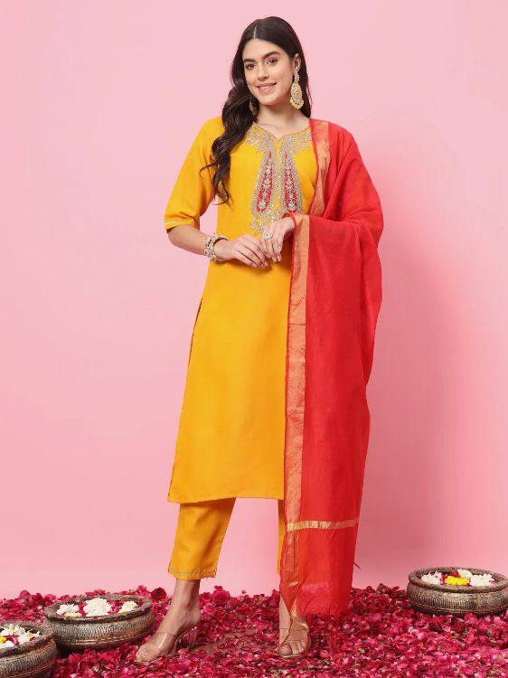 Picture of Delightful Cotton Blend Yellow Readymade Salwar Suits