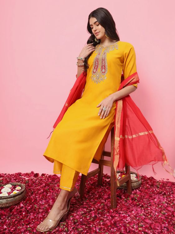 Picture of Delightful Cotton Blend Yellow Readymade Salwar Suits