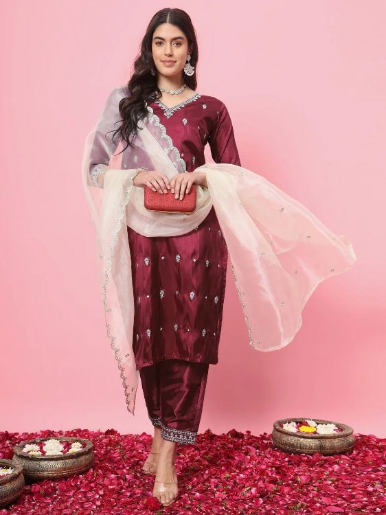 Picture of Exquisite Silk Blend Dark Red Readymade Salwar Suits