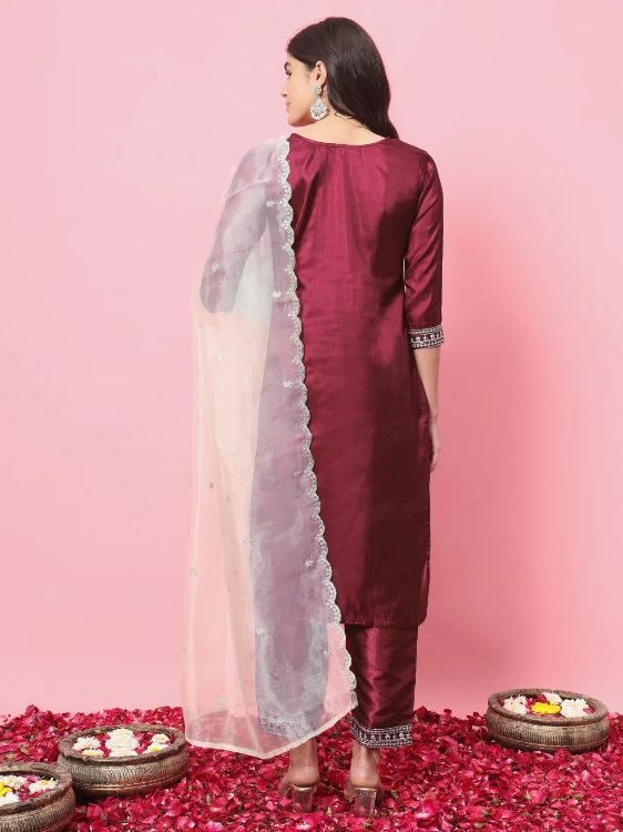 Picture of Exquisite Silk Blend Dark Red Readymade Salwar Suits
