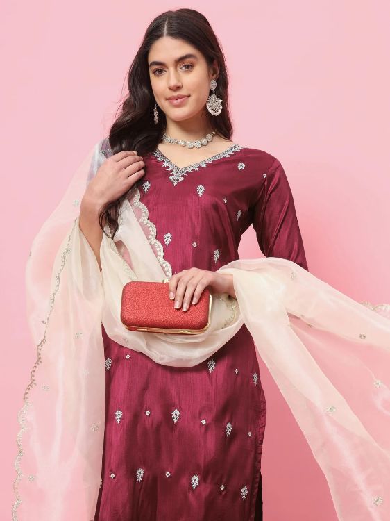 Picture of Exquisite Silk Blend Dark Red Readymade Salwar Suits