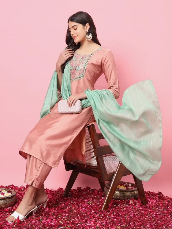 Picture of Sightly Silk Blend Peach Puff Readymade Salwar Suits