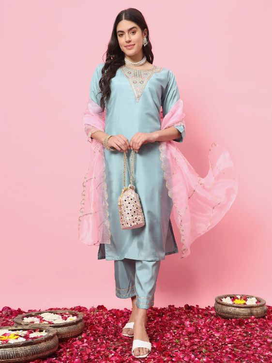 Picture of Well Formed Silk Blend Light Sky Blue Readymade Salwar Suits
