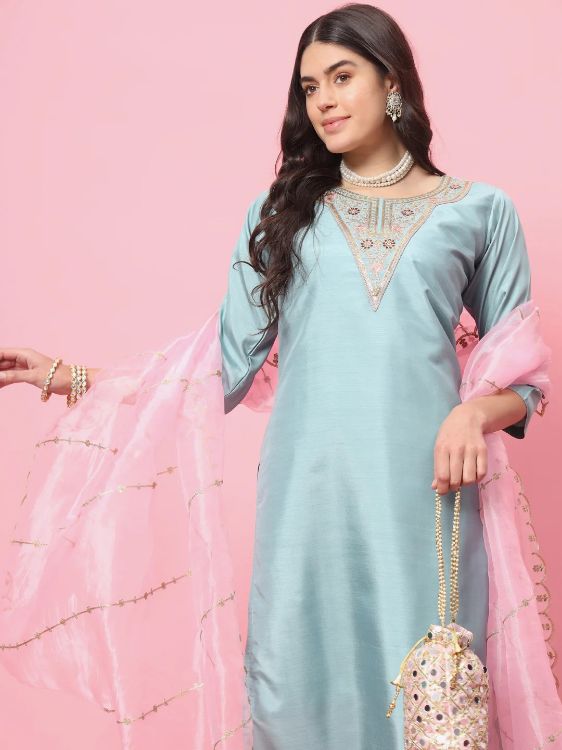 Picture of Well Formed Silk Blend Light Sky Blue Readymade Salwar Suits