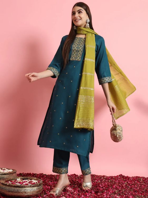 Picture of Alluring Cotton Silk Steel Blue Readymade Salwar Suits