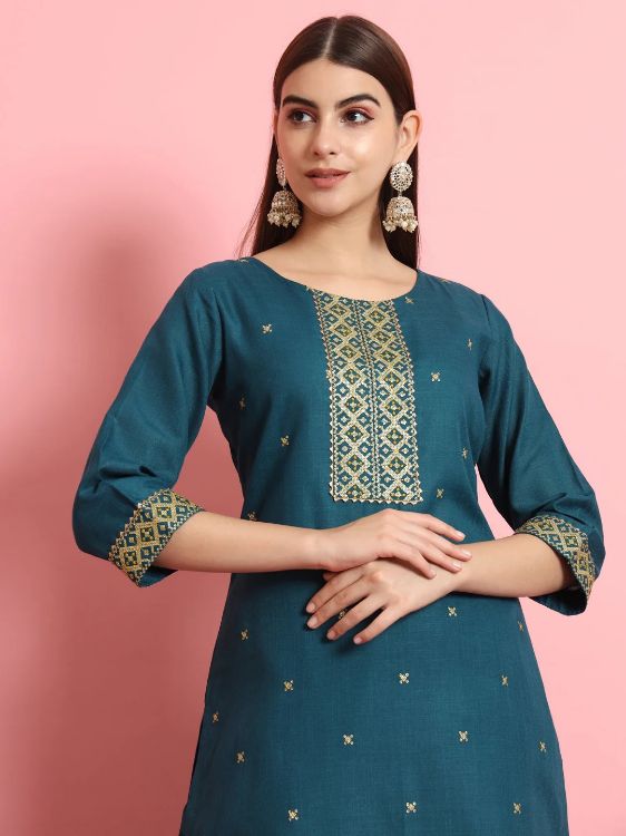 Picture of Alluring Cotton Silk Steel Blue Readymade Salwar Suits