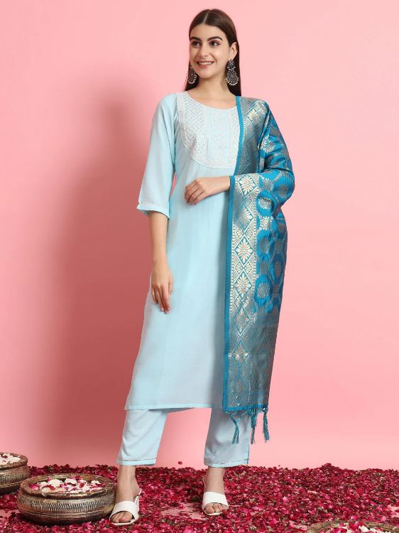 Picture of Ideal Cotton Silk Blend Light Sky Blue Readymade Salwar Suits