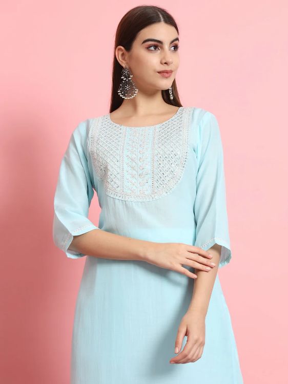 Picture of Ideal Cotton Silk Blend Light Sky Blue Readymade Salwar Suits