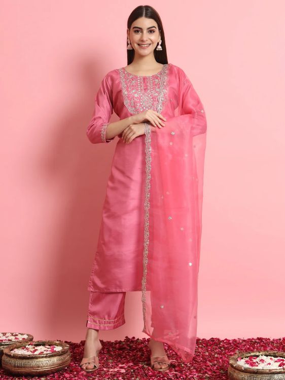 Picture of Pleasing Silk Blend Pink Readymade Salwar Suits