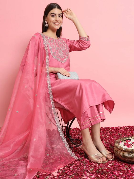 Picture of Pleasing Silk Blend Pink Readymade Salwar Suits