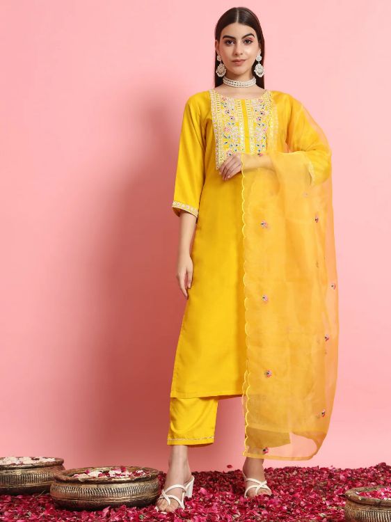 Picture of Grand Silk Blend Yellow Readymade Salwar Suits