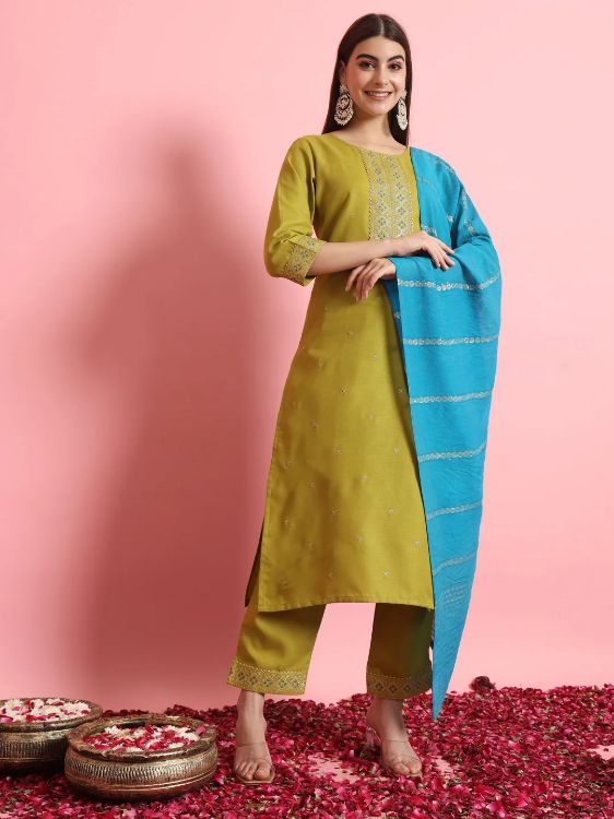 Picture of Graceful Cotton Silk Yellow Green Readymade Salwar Suits