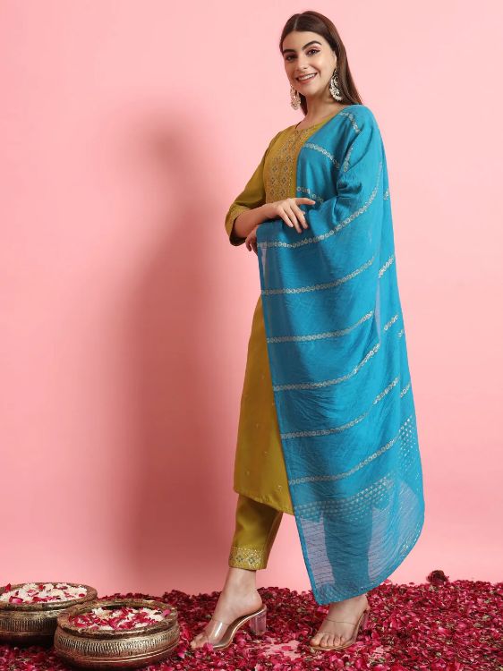 Picture of Graceful Cotton Silk Yellow Green Readymade Salwar Suits