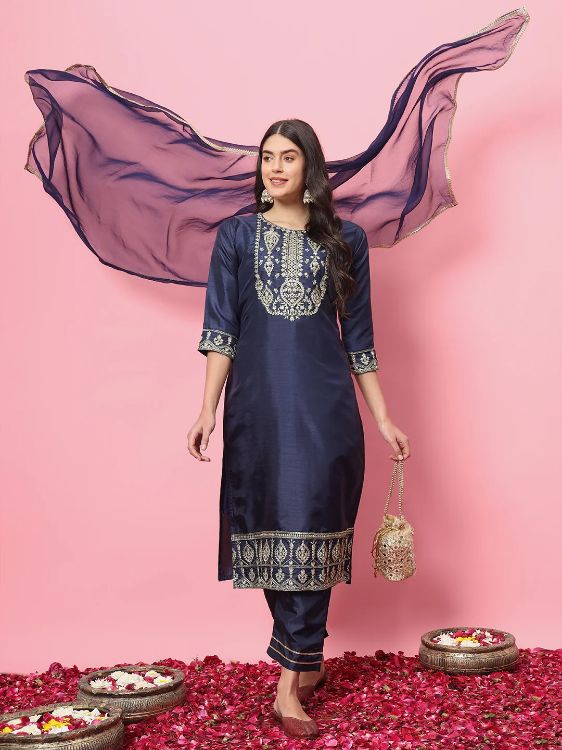Picture of Beauteous Silk Blend Navy Blue Readymade Salwar Suits