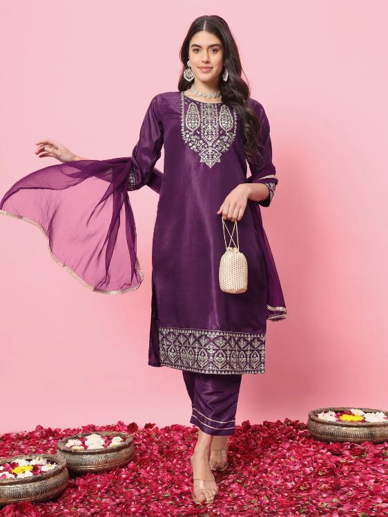 Picture of Magnificent Silk Blend Purple Readymade Salwar Suits