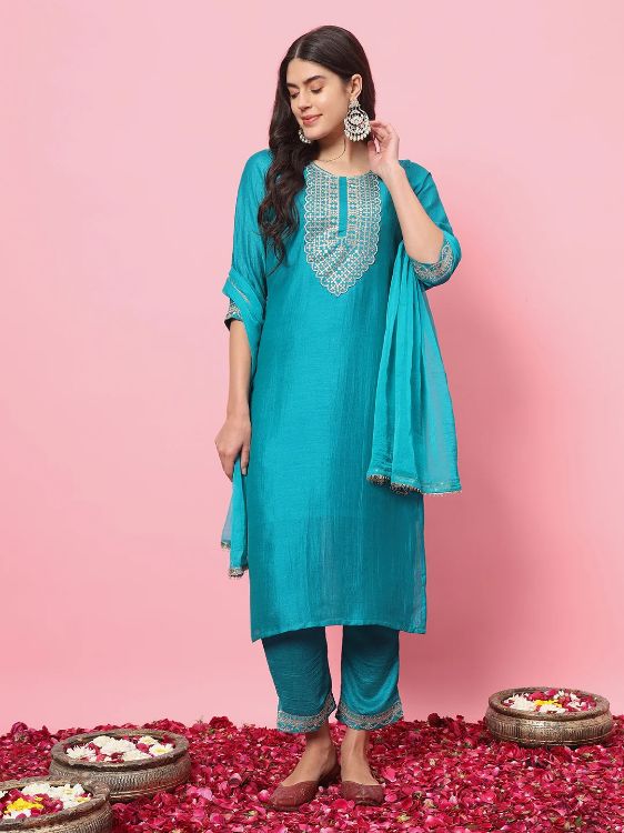 Picture of Good Looking Silk Blend Blue Readymade Salwar Suits