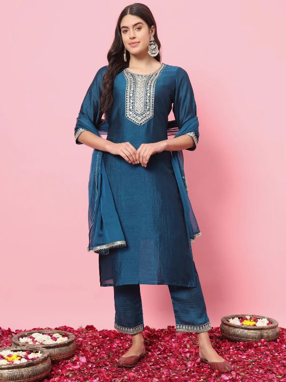 Picture of Amazing Silk Blend Steel Blue Readymade Salwar Suits