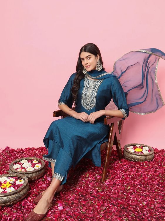 Picture of Amazing Silk Blend Steel Blue Readymade Salwar Suits