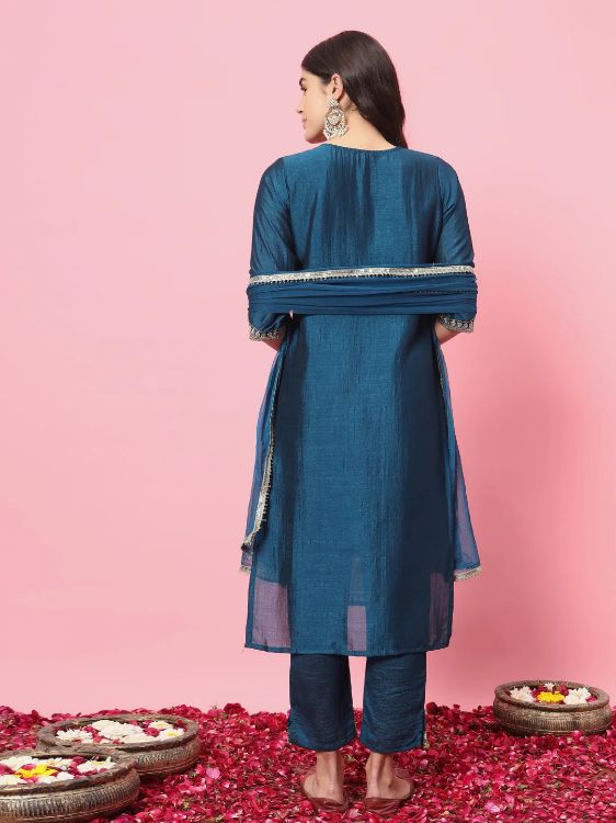 Picture of Amazing Silk Blend Steel Blue Readymade Salwar Suits