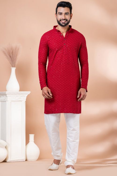 Picture of Nice Rayon Red Sequins Kurta Pajama