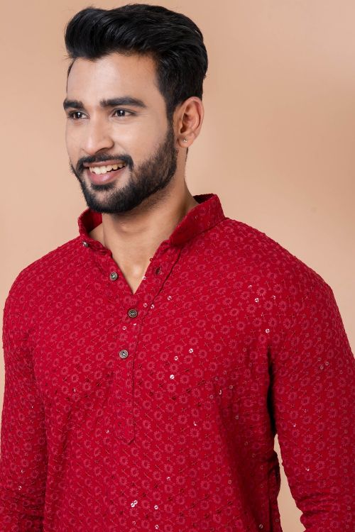 Picture of Nice Rayon Red Sequins Kurta Pajama